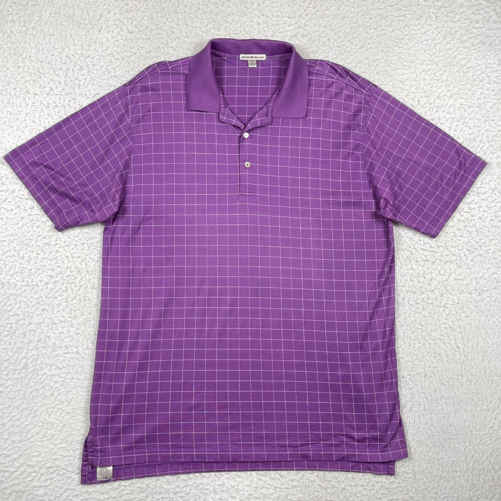 Peter Millar Polo Shirt Mens XL Purple Grid Windowpane Cotton Preppy Golf